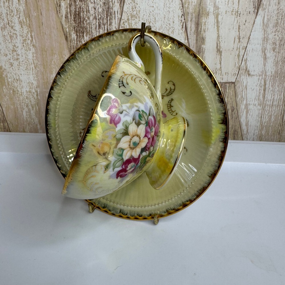 Inarco Japan E-6141 Yellow Lusterware Tea Cup and Saucer Set Floral Gold Trim